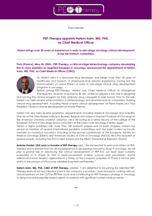 PEP-Therapy 任命医学博士 Hatem Azim 为首席...